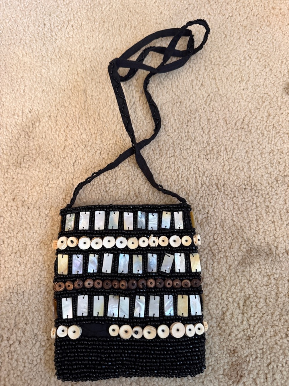 Beaded Black Crossbody Bag with Mother-of-Pearl Inlay